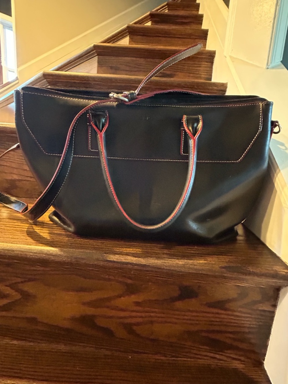 LODIS by Loewe Black Leather Tote Bag with Red Trim - Women’s Work Bag